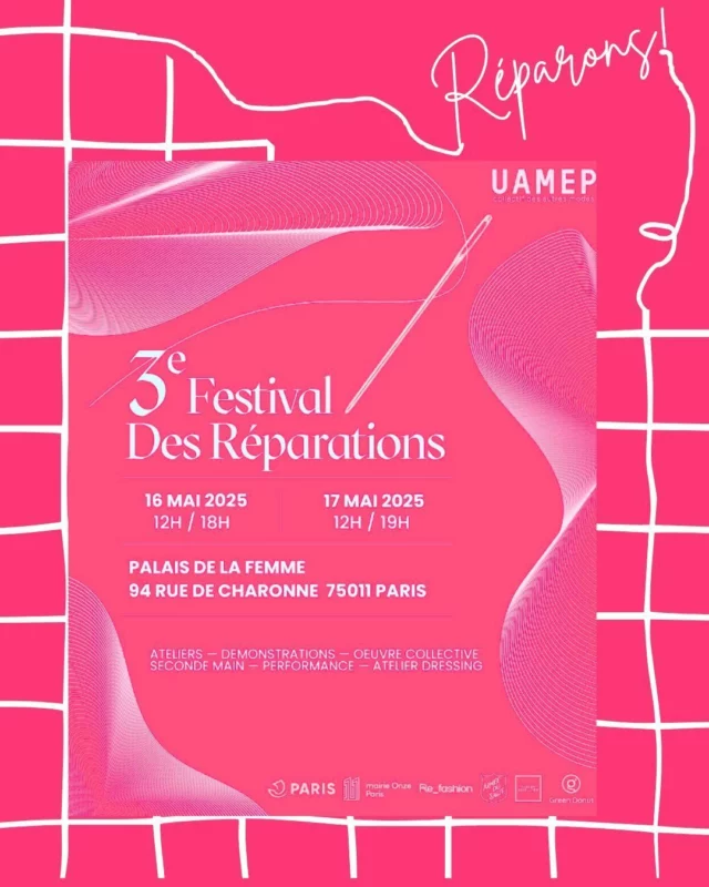 Le Festival des Réparation veut nous permettre de changer nos habitudes de consommation
Après l’Académie du Climat en octobre 2023, année de lancement du bonus réparation textile et après la Maison des Canaux en avril 2024, coorganisé avec Fashion Revolution France, l’UAMEP continue de faire bouger les modes de consommation.
L’événement est inclusif et est prévu pour impliquer tous les niveaux et tous les publics, en accueillant des collégien.nes, des lycéen.nes en couture, des habitants. es du 11ᵉ, des étudiant.es, des créatifs, des familles ,des résidentes du Palais de la Femme, des seniors, des passionnés.es.
Au programme près de 30 ateliers 15 démonstrations 2 expositions une friperie, des rencontres et tables rondes… L’accès aux ateliers se fait sur inscription et une participation libre pour soutenir l’association.
Suite à cet évènement et au soutien des citoyens, UAMEP fera un don au Palais de la Femme.  📍 Festival des Réparations 
16 et 17 mai 
Palais de la Femme -94 rue de Charonne P11  Lien d'inscription dans la bio  @collectif_uamep 
@refashion 
@ademe 
@palaisdelafemme  hashtag#reparation hashtag#modedurable hashtag#sustainable hashtag#paris11 hashtag#friperie hashtag#teinturenaturelle hashtag#savoirfaire hashtag#textile hashtag#mode hashtag#palaisdelafemme hashtag#secondemain  hashtag#standwithukraine 💙💛